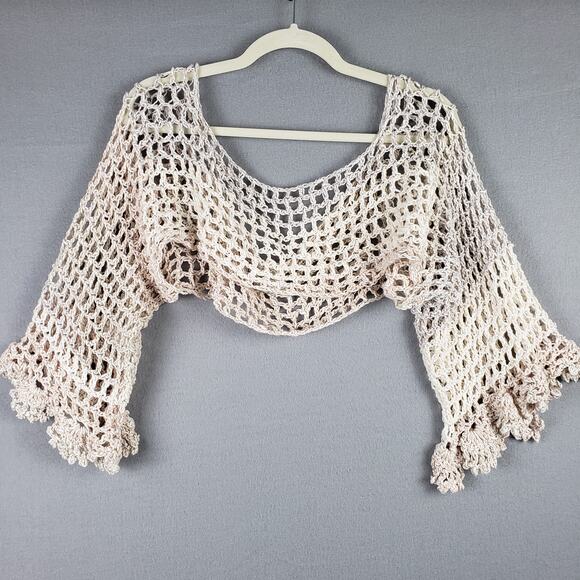 No brand Tops - Open Knit Crochet Bell Sleeve Crop Top Cream Netting Nautical Beach Y2K One Size